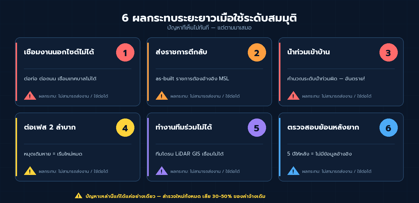 6 ผลกระทบระยะยาวเมื่อใช้ระดับสมมุติ — เชื่อมงานนอกไซต์ไม่ได้ ส่งราชการตีกลับ น้ำท่วม ฯลฯ