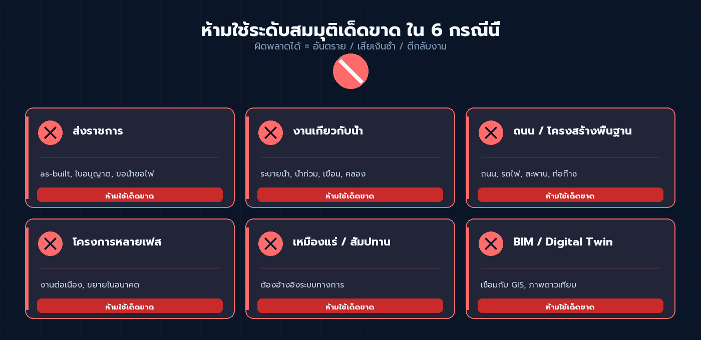 6 กรณีห้ามใช้ระดับสมมุติเด็ดขาด — ส่งราชการ งานน้ำ ถนน เฟส 2 เหมือง BIM