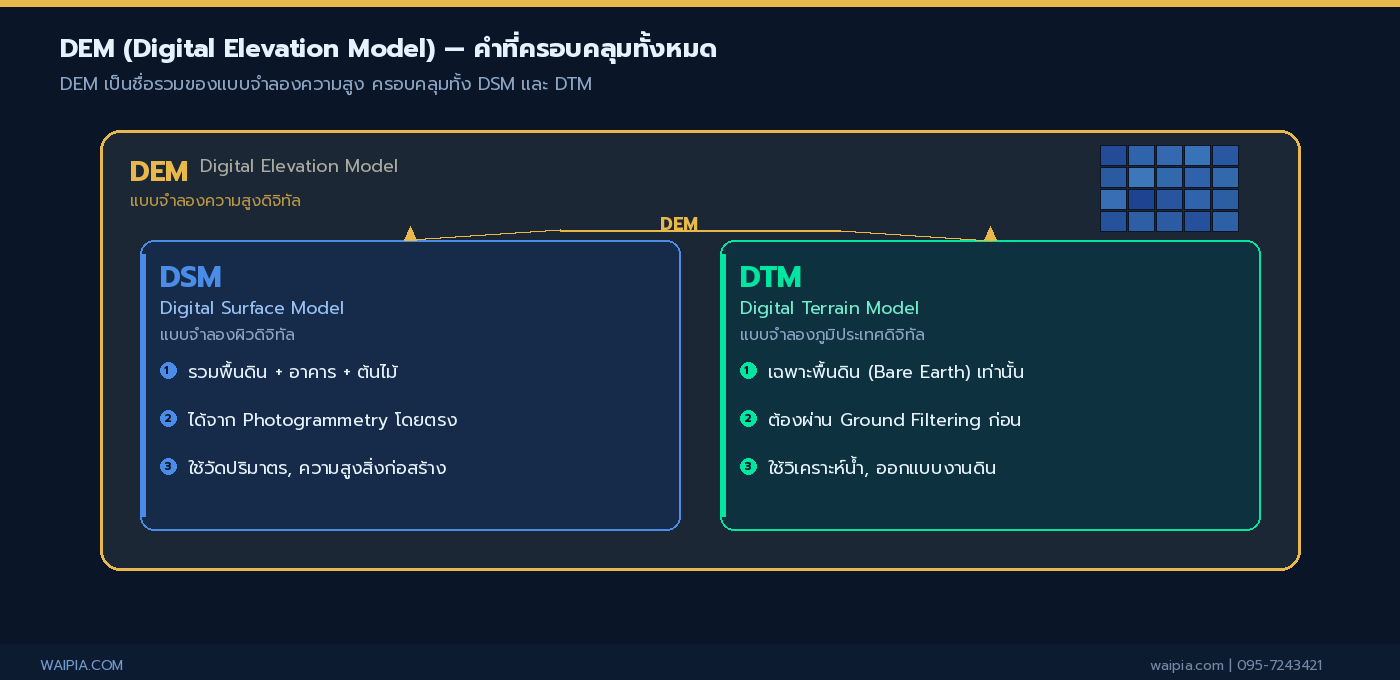 ไดอะแกรมแสดง DEM เป็น umbrella term ครอบคลุมทั้ง DSM และ DTM