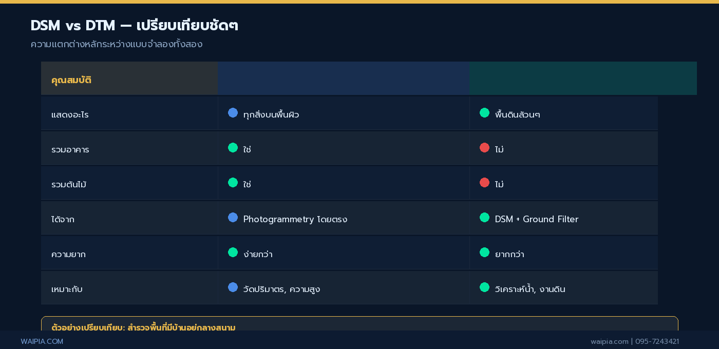 ตารางเปรียบเทียบ DSM กับ DTM แสดงความแตกต่างด้านการใช้งานและคุณสมบัติ