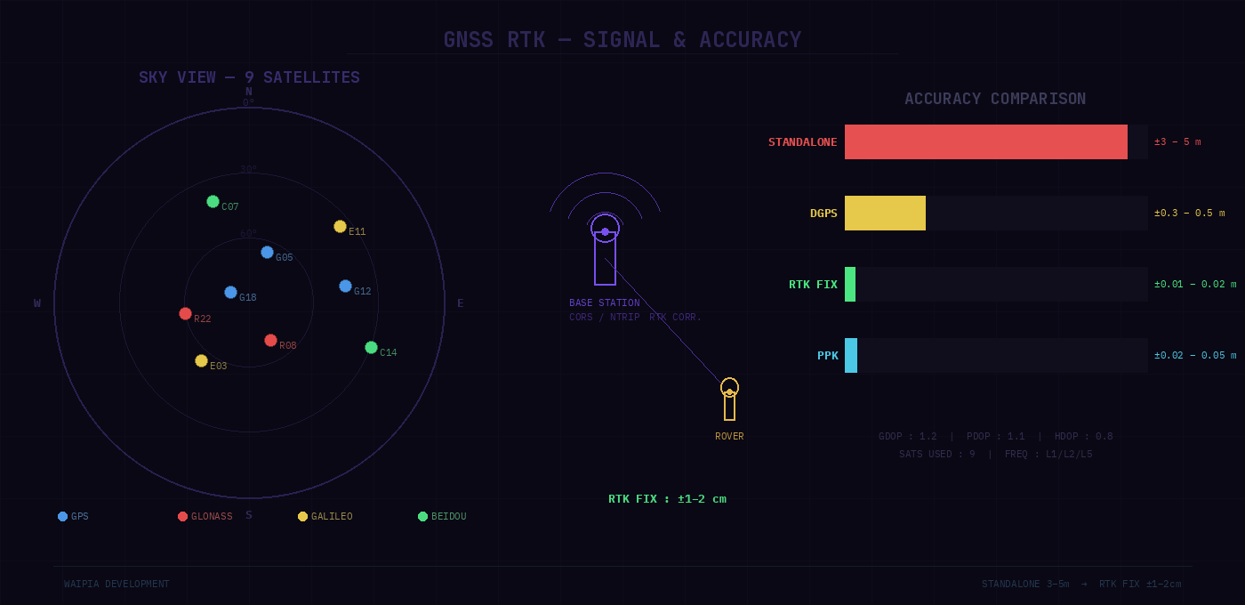 ภาพรวมระบบ GNSS RTK — Sky view ดาวเทียม, สถาปัตยกรรม Base-Rover และเปรียบเทียบความแม่นยำ