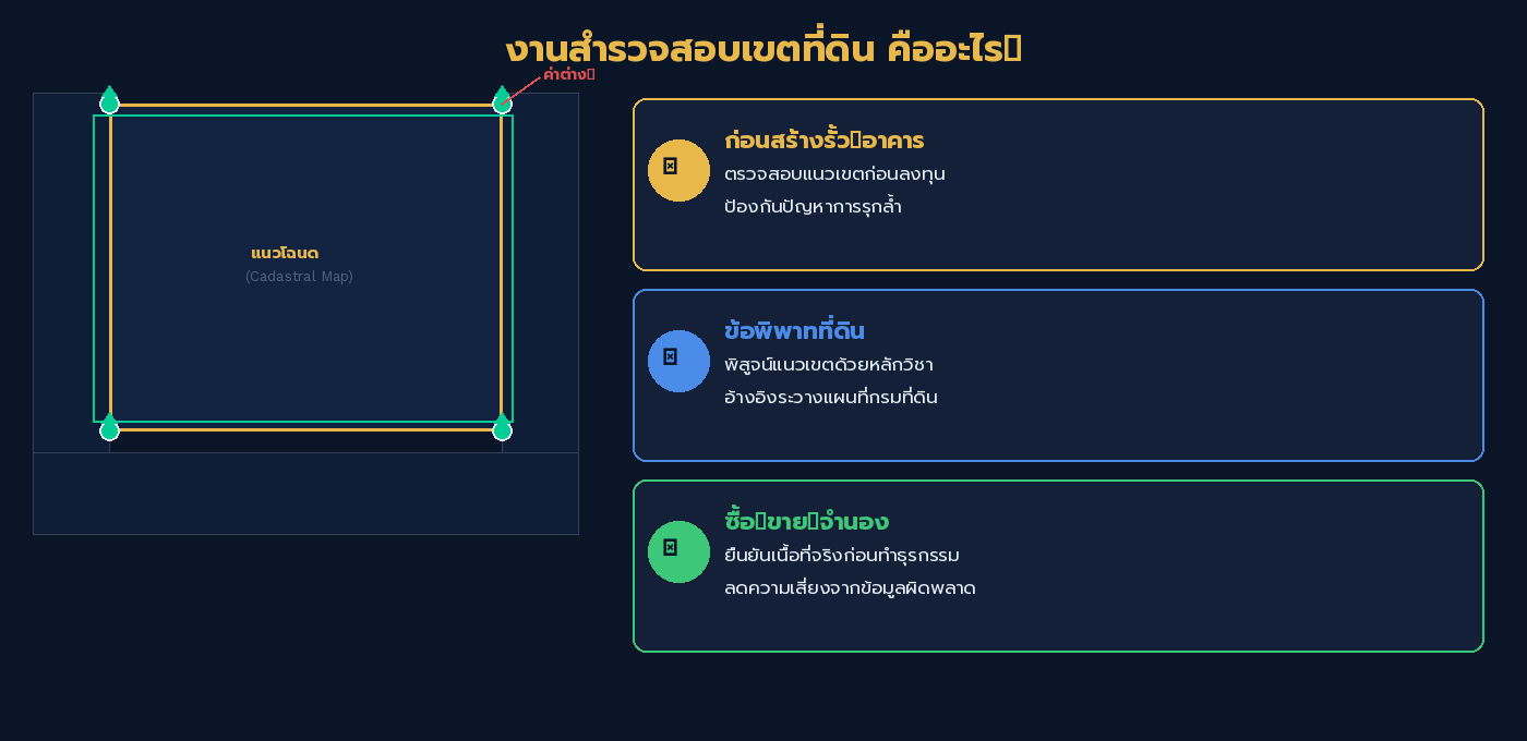 ภาพแสดงความสำคัญของงานสอบเขตที่ดินและกรณีการใช้งาน