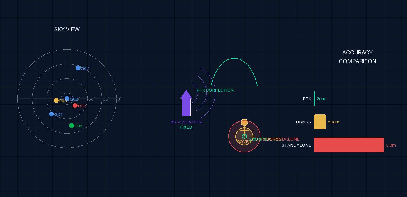 ภาพแสดงการทำงานของระบบ GNSS RTK และ PPK เปรียบเทียบ Base Station Rover และความแม่นยำ