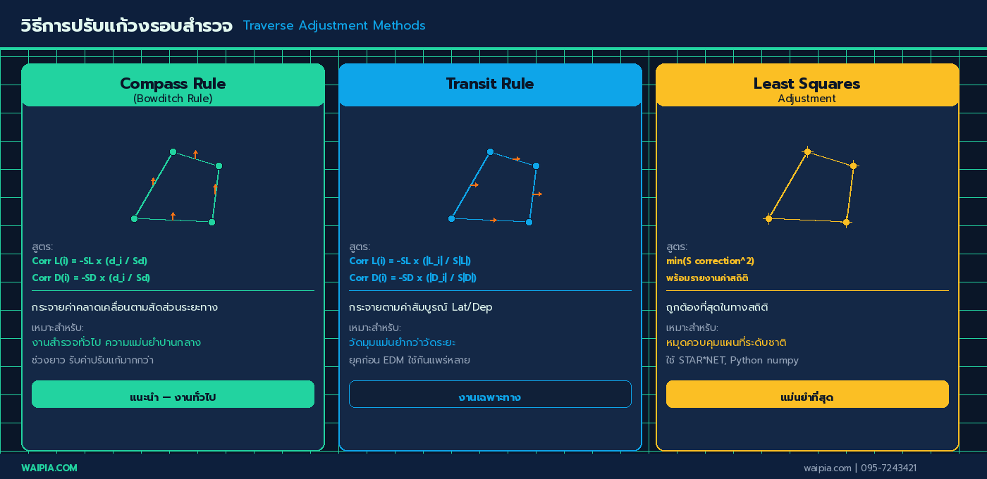 เปรียบเทียบ 3 วิธีปรับแก้วงรอบ: Compass Rule (Bowditch), Transit Rule และ Least Squares Adjustment พร้อมสูตรและข้อเหมาะสม