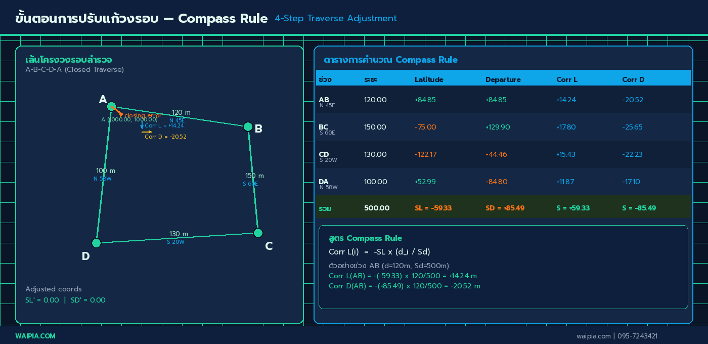 เส้นโครงวงรอบ A-B-C-D-A พร้อมตารางคำนวณ Latitude, Departure และค่าปรับแก้ด้วย Compass Rule ตัวอย่างวงรอบ 4 จุด ระยะรวม 500 ม.