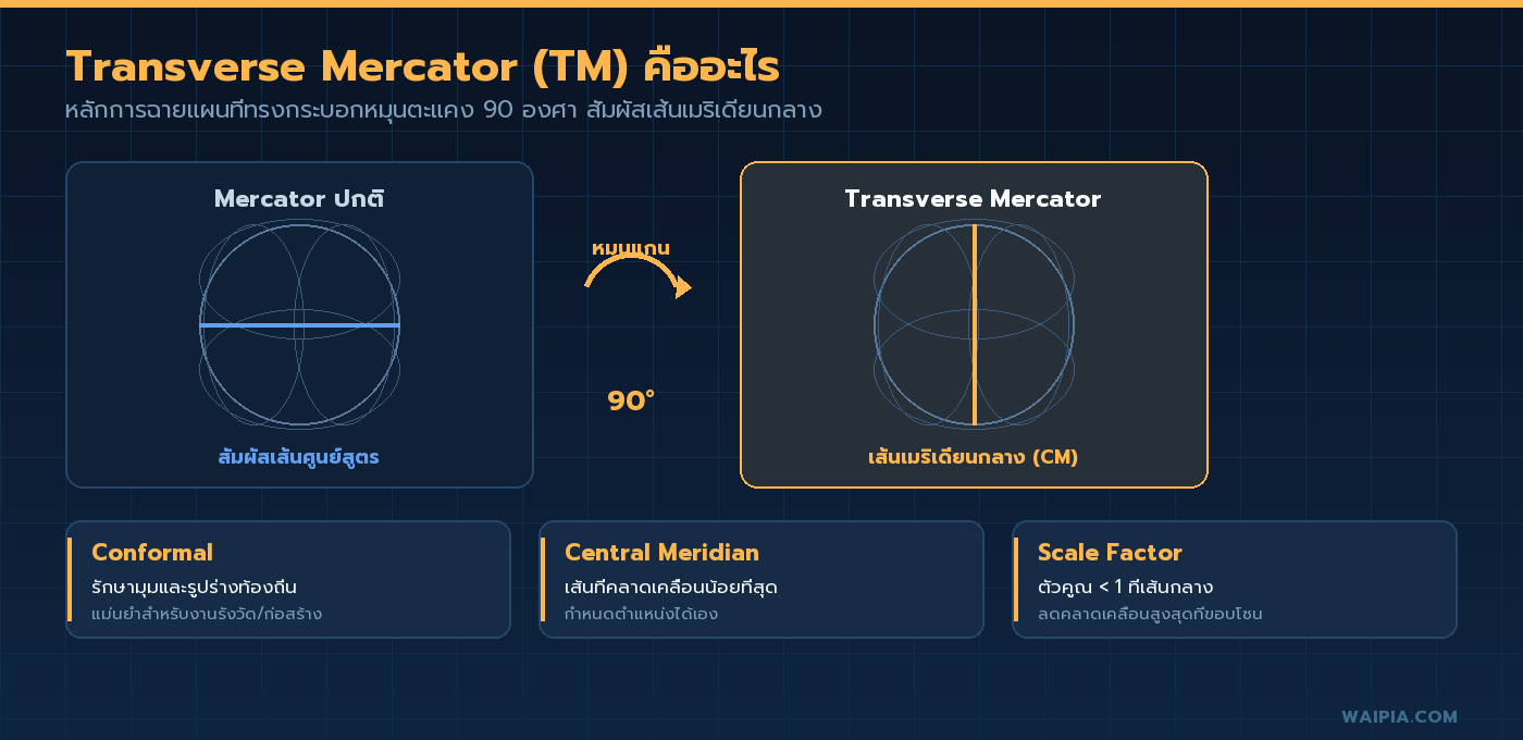 ไดอะแกรมเปรียบเทียบ Mercator ปกติที่สัมผัสเส้นศูนย์สูตร กับ Transverse Mercator ที่หมุนแกน 90 องศาสัมผัสเส้นเมริเดียนกลาง
