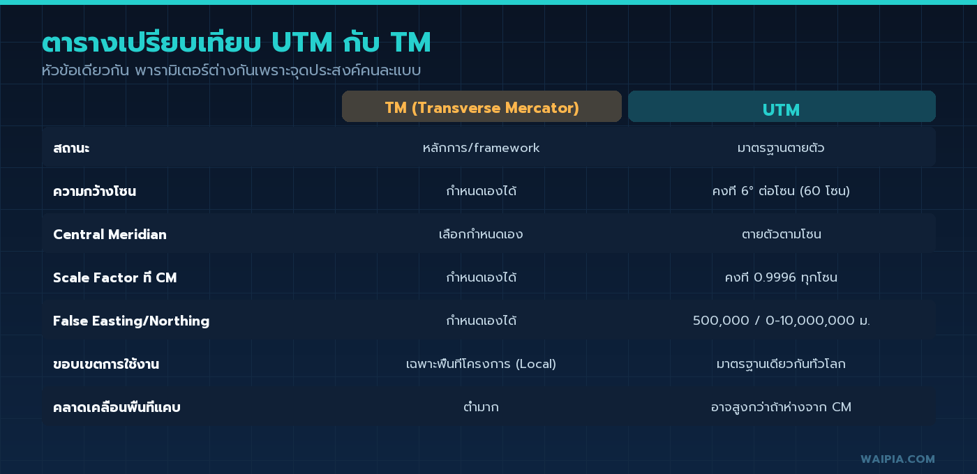 ตารางเปรียบเทียบ TM กับ UTM 7 หัวข้อหลัก สถานะ ความกว้างโซน เส้นเมริเดียนกลาง Scale Factor และขอบเขตการใช้งาน
