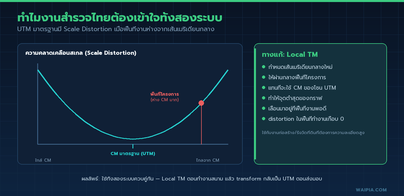 กราฟความคลาดเคลื่อนสเกลรูปตัวยูของ UTM ที่เพิ่มขึ้นเมื่อห่างจากเส้นเมริเดียนกลาง และแนวทางแก้ด้วย Local TM ที่กำหนดเส้นเมริเดียนกลางใหม่