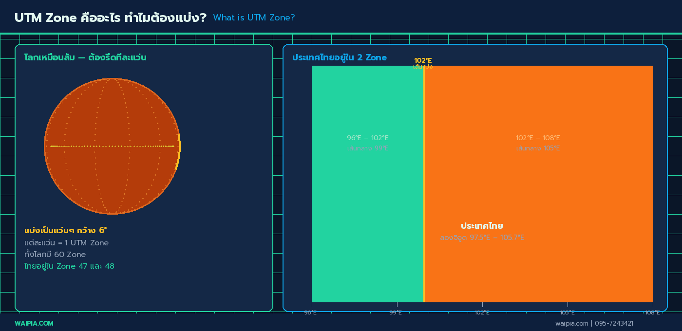 UTM Zone คืออะไร: โลกเหมือนส้มที่แบ่งเป็นแว่น 60 Zone แต่ละแว่นกว้าง 6° — ไทยอยู่ใน Zone 47 (96°E-102°E) และ Zone 48 (102°E-108°E)