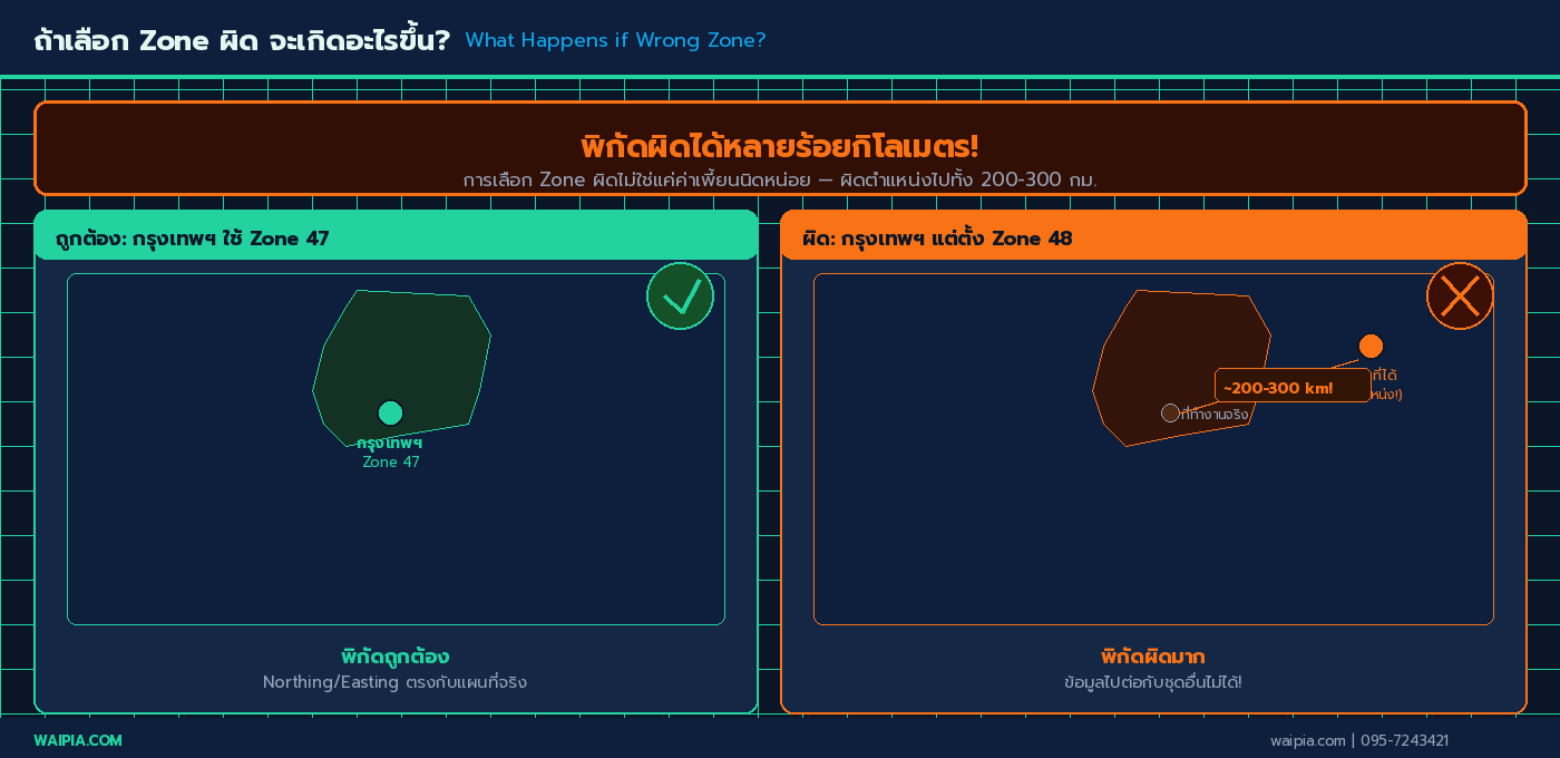 เปรียบเทียบ: ตั้ง Zone ถูก (กรุงเทพฯ Zone 47) vs ตั้ง Zone ผิด (ใช้ Zone 48) — พิกัดผิดตำแหน่งไป 200-300 กม.