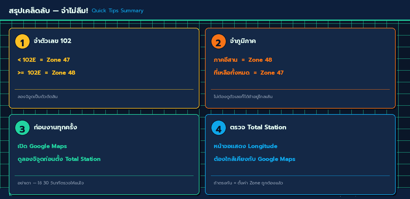สรุป 4 เคล็ดลับจำไม่ลืม: จำตัวเลข 102, จำภูมิภาค, เปิด Google Maps ก่อนงาน, และตรวจสอบด้วย WD GNSS