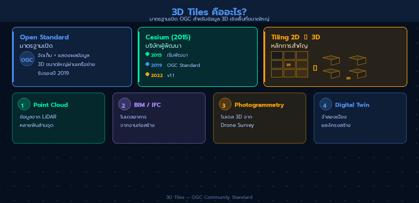 ภาพแสดงนิยาม 3D Tiles มาตรฐาน OGC และหลักการ Tiling 2D สู่ 3D