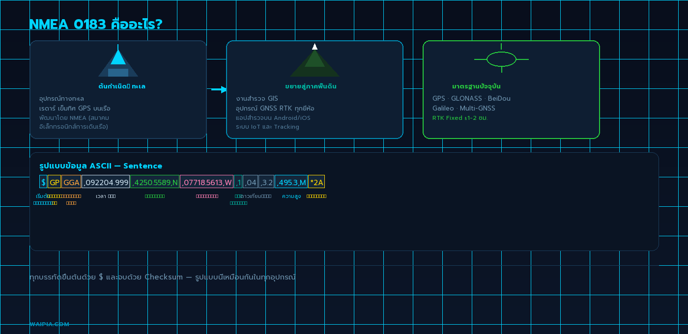 ต้นกำเนิดและความหมายของ NMEA 0183 — จากทะเลสู่งานสำรวจภาคพื้นดิน