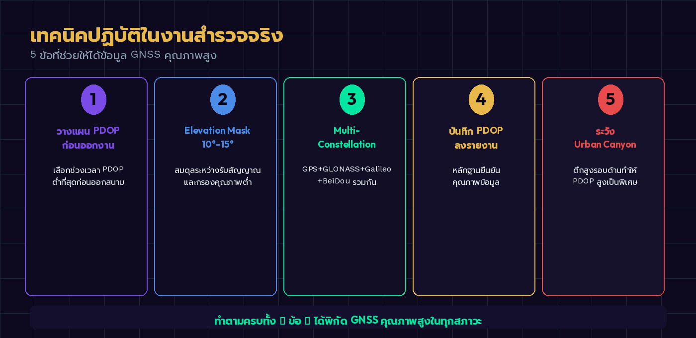 5 เทคนิคปฏิบัติสำหรับงานสำรวจ GNSS ได้แก่ วางแผน PDOP, Elevation Mask, Multi-Constellation, บันทึก PDOP, ระวัง Urban Canyon