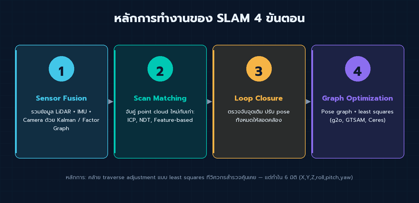 ไดอะแกรม 4 ขั้นตอนการทำงานของ SLAM: Sensor Fusion, Scan Matching, Loop Closure, Graph Optimization