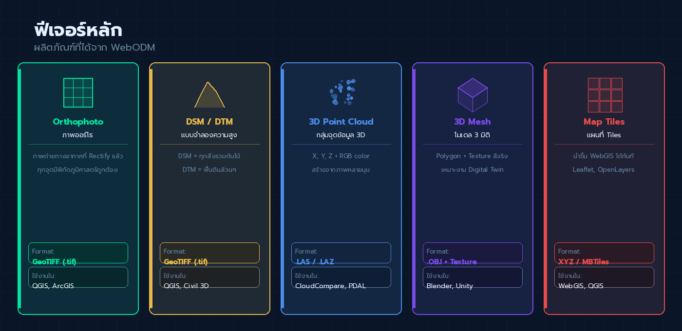 5 ผลิตภัณฑ์ภูมิสารสนเทศที่ได้จาก WebODM: Orthophoto, DSM/DTM, Point Cloud, 3D Mesh, Map Tiles