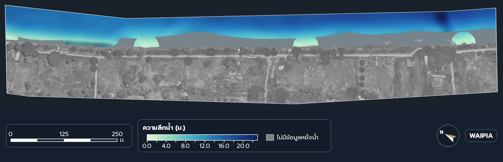 แผนที่ความลึกน้ำตามแนวหยั่งในลำน้ำช่วงตัวอย่าง