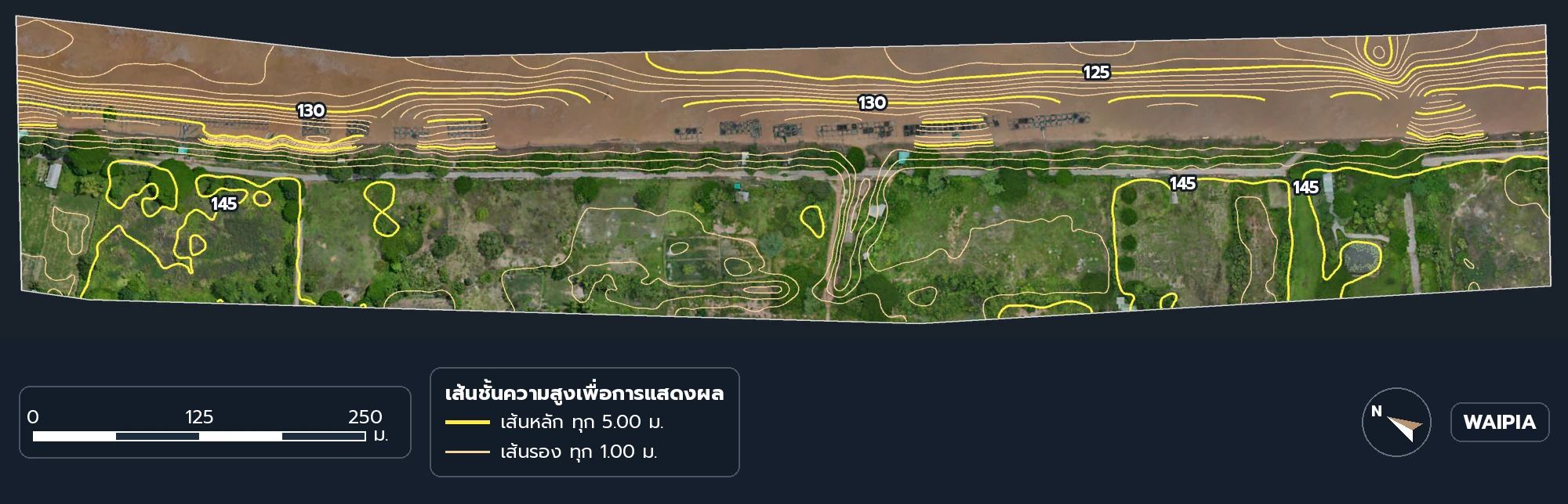 เส้นชั้นความสูงเพื่อการแสดงผลของตลิ่งและท้องน้ำช่วงตัวอย่าง