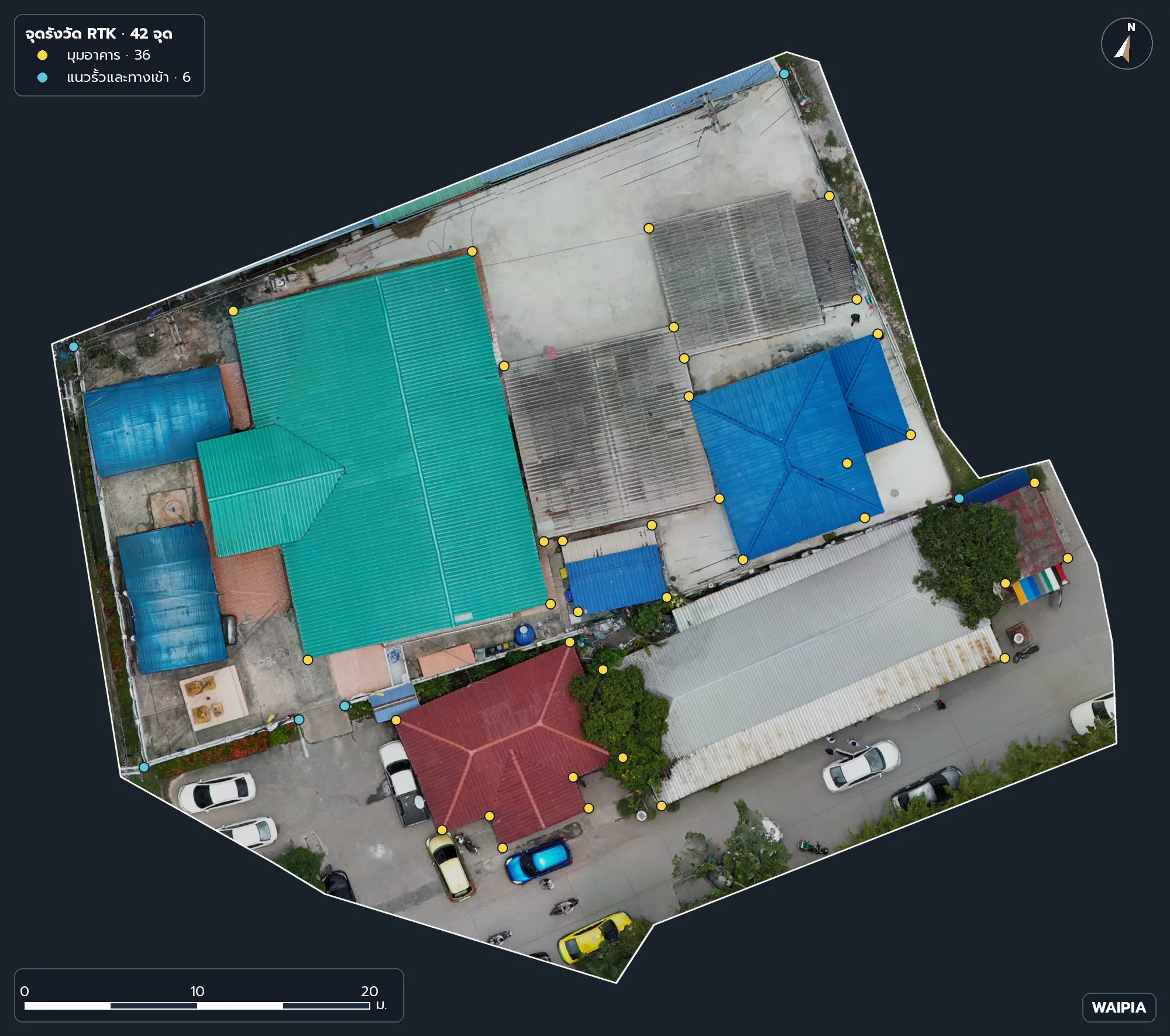 ผังจุดรังวัด RTK 42 จุดของโซนตัวอย่าง แยกสีเป็นมุมอาคารกับแนวรั้วและทางเข้า